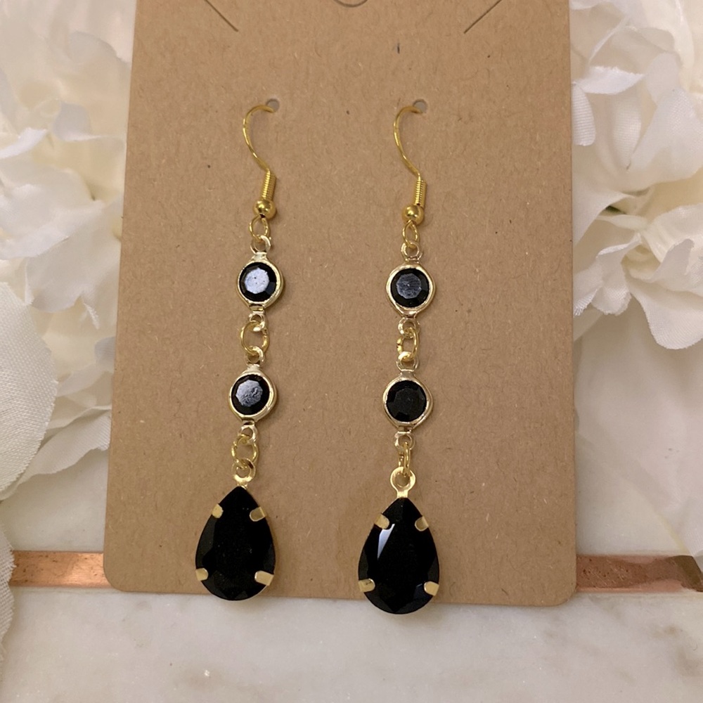 Gold and Black Stone Dangly Earrings NWT